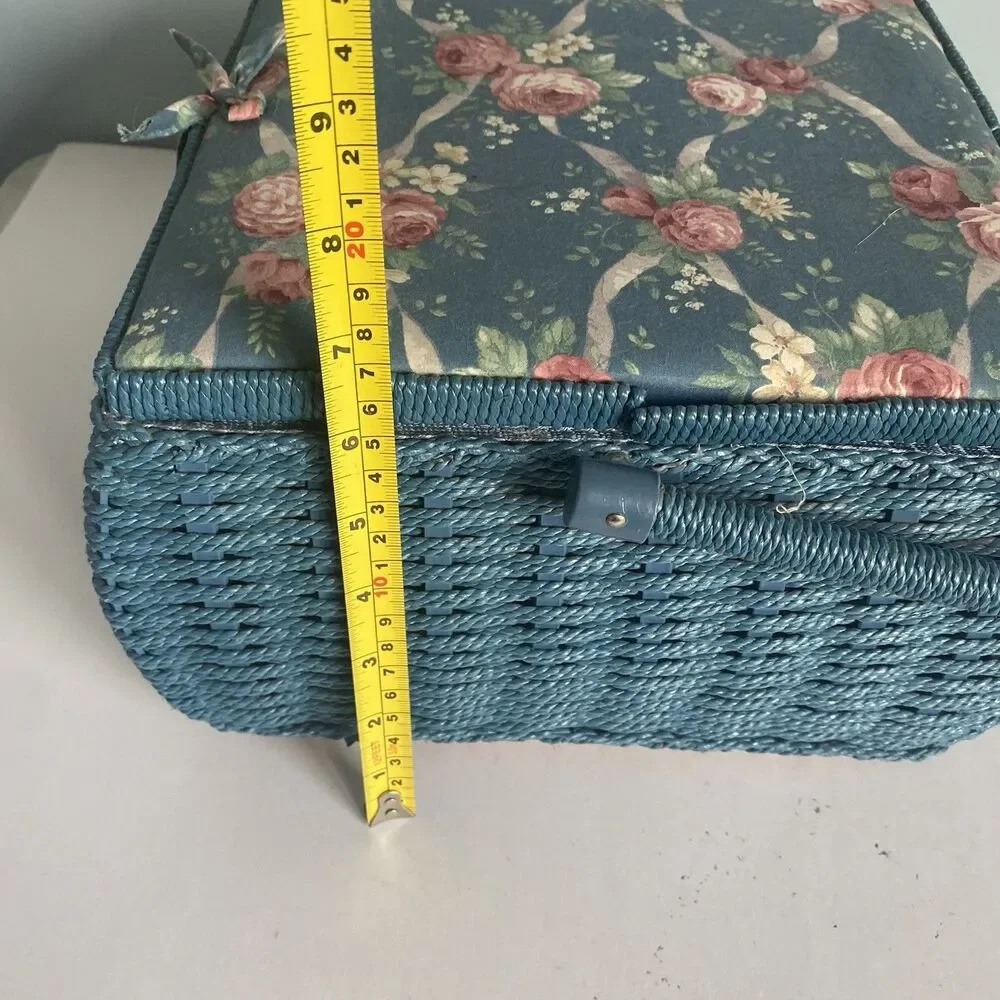 Floral Wicker Sewing Basket w Handle, Compartment Blue 10” X 10” X 7”